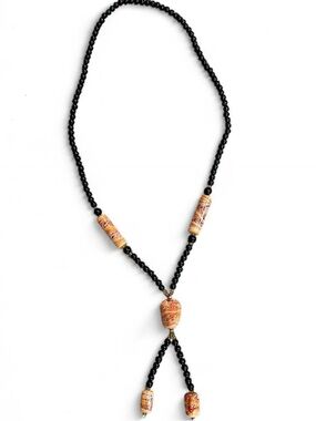 Black Beaded Bolo Necklace with Tan Accent Beads